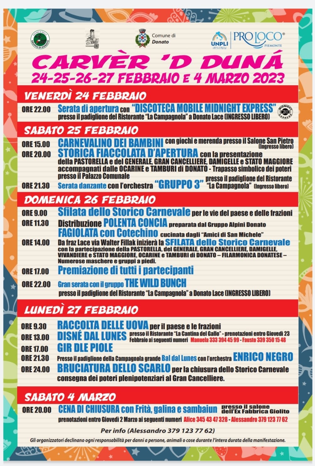 Locandina programma Carnevale di Donato 2023
