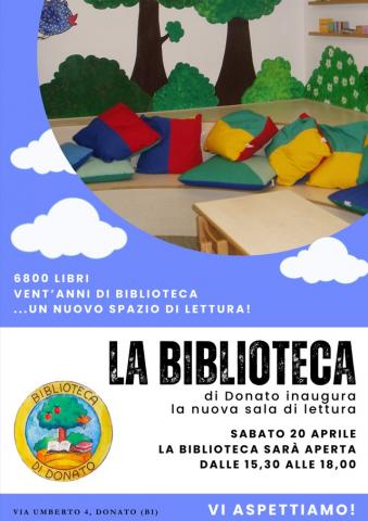 Biblioteca civica di Donato: inaugurazione nuova sala di lettura sabato 20 aprile 2024